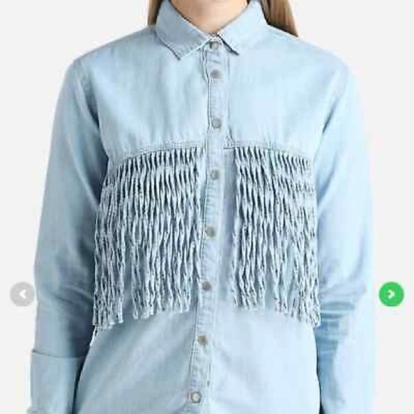 Goldie Tops - Goldie Top Button Down Western Fringe Light Wash Denim Blouse Size M/L